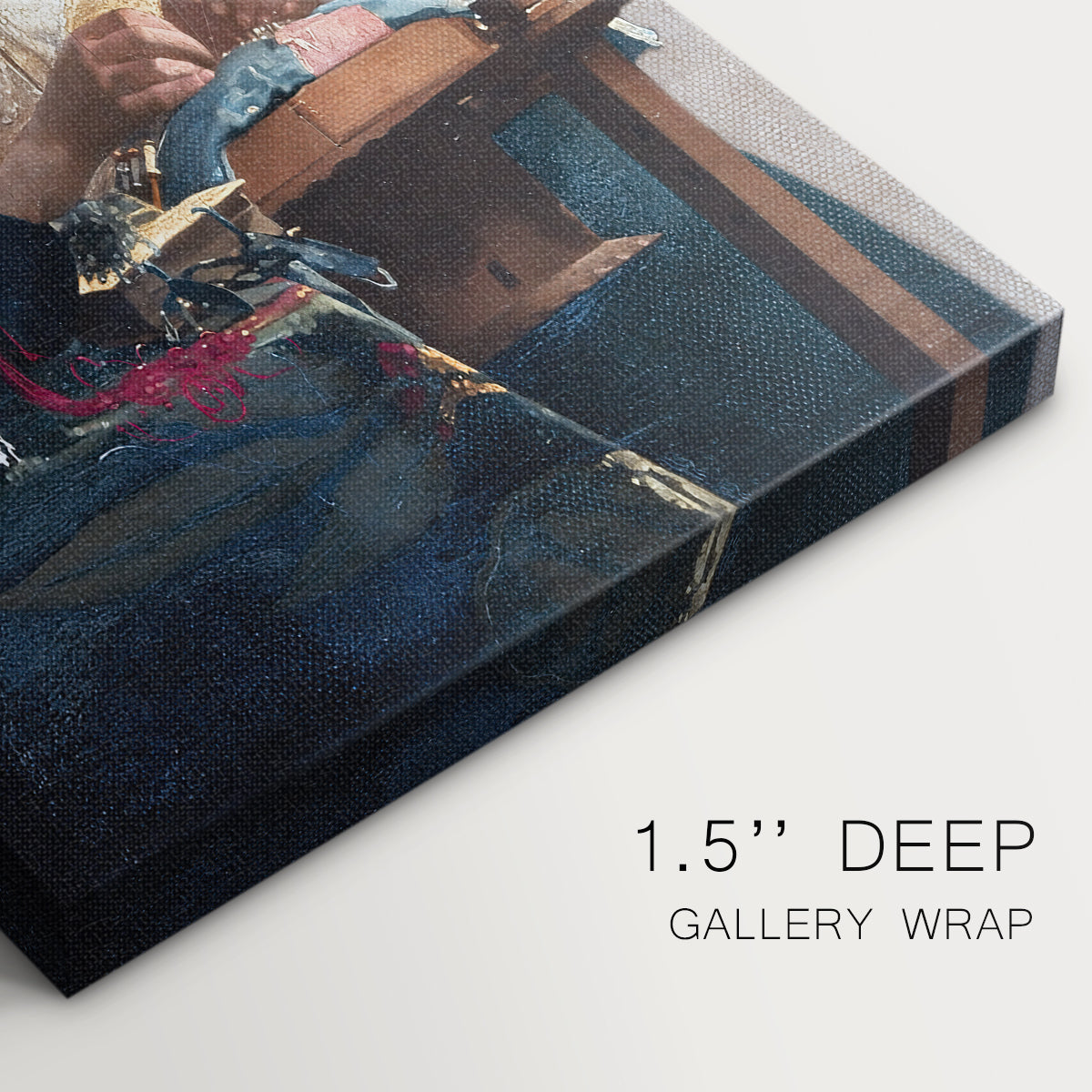 Close-up of a gallery-wrapped canvas corner showing a refined scene with subtle color and texture, highlighting texture and print detail.