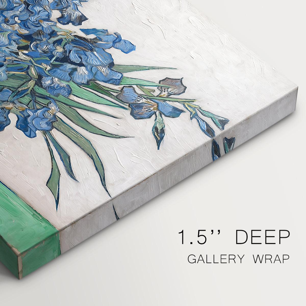 Canvas art print of a cluster of irises blooming with flowing brushstrokes and vivid color, highlighting texture and gallery-wrapped edges