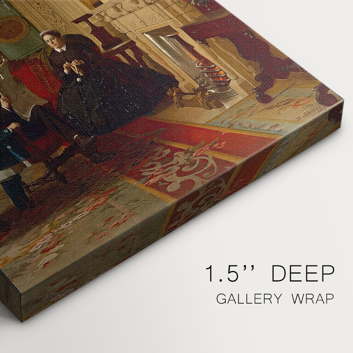 Close-up of a gallery-wrapped canvas corner showing a classic family portrait with warm tones and subtle detail, highlighting texture and print detail.