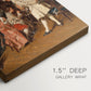 Close-up of a gallery-wrapped canvas corner showing a classic scene of art appreciation with warm tones, highlighting texture and print detail.
