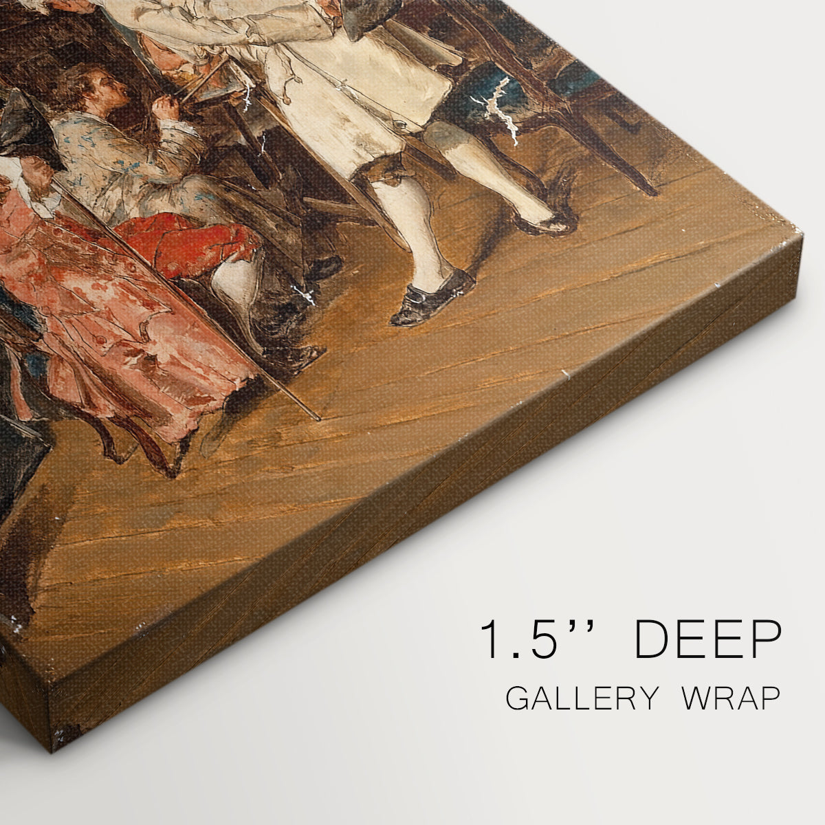 Close-up of a gallery-wrapped canvas corner showing a classic scene of art appreciation with warm tones, highlighting texture and print detail.