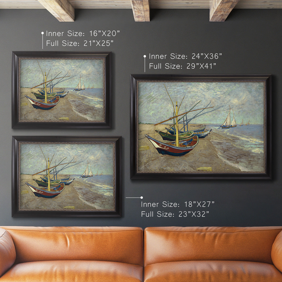 Impressionist coastal fishing boats scene by Vincent van Gogh in an ornate black frame with gilded inner detail shown in multiple size options.