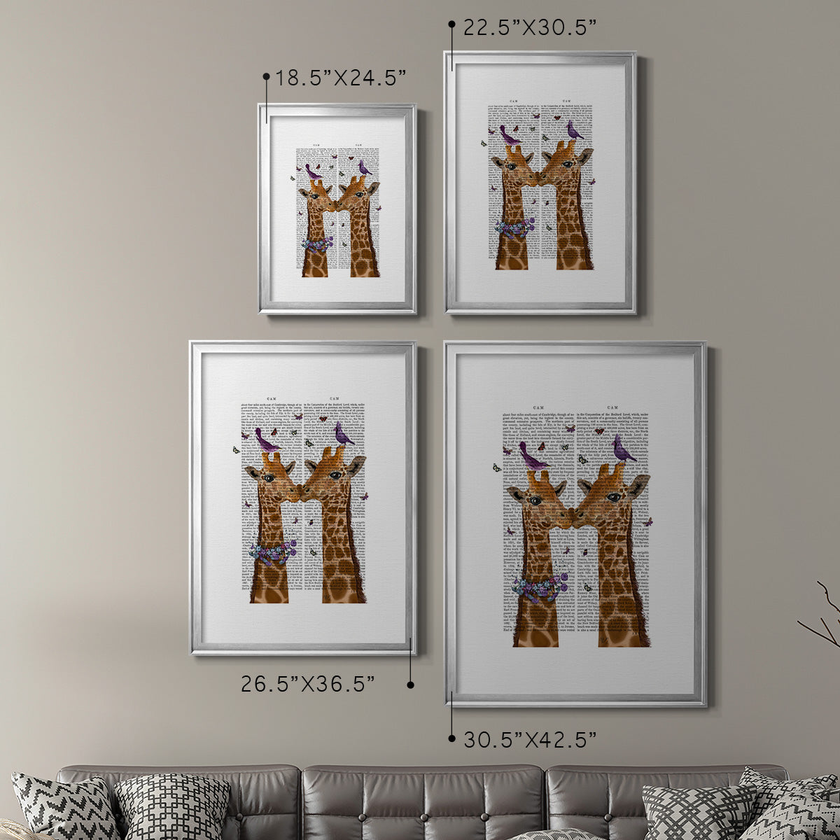 Kissing Giraffes with Birds - Modern Framed Canvas Print