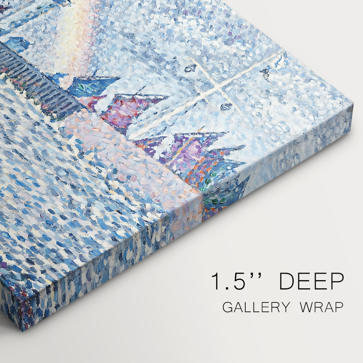 Canvas art print of boats entering harbor with buildings, highlighting texture and gallery-wrapped edges