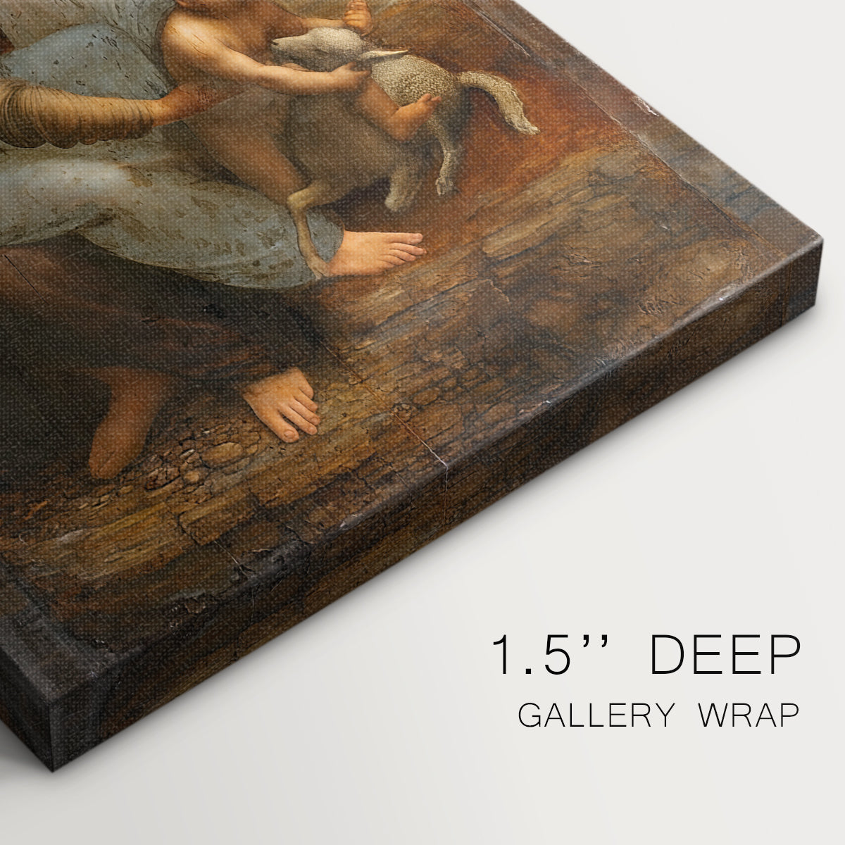 Close-up of a gallery-wrapped canvas corner showing a calm image with balanced structure and light, highlighting texture and print detail.