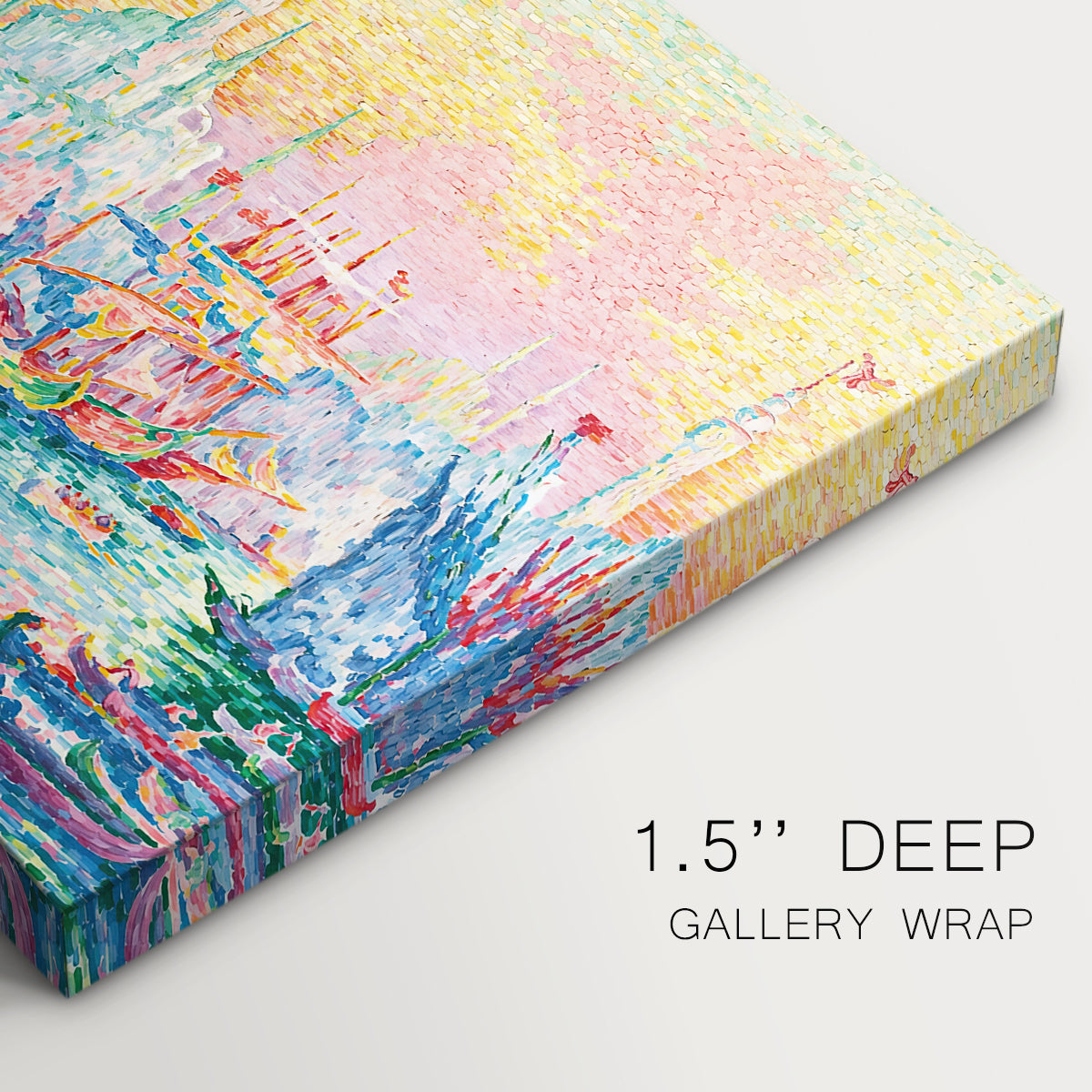 Canvas art print of a harbor with city skyline and boats, highlighting texture and gallery-wrapped edges
