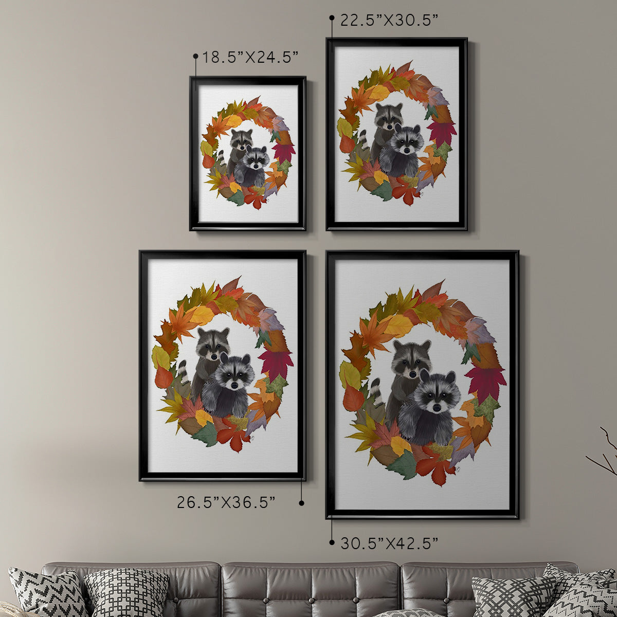 Raccoons Autumn Leaf Wreath - Modern Framed Canvas Print