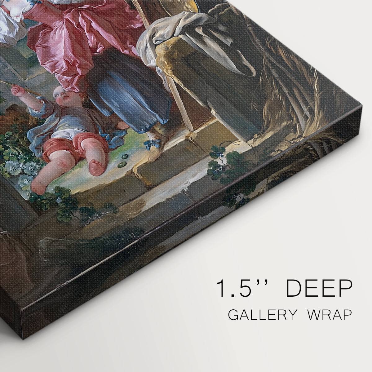 Close-up of a gallery-wrapped canvas corner showing a dynamic garden setting with flowing forms, highlighting texture and print detail.