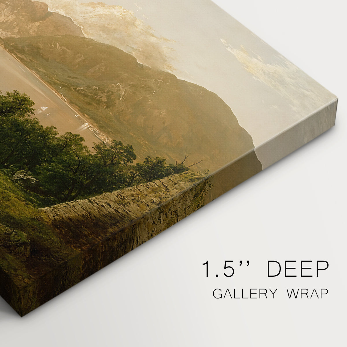 Canvas art print of a calm river landscape with trees and distant hills under soft light, highlighting texture and gallery-wrapped edges