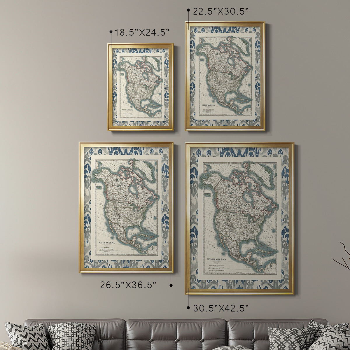 Bordered Map of North America - Modern Framed Canvas Print