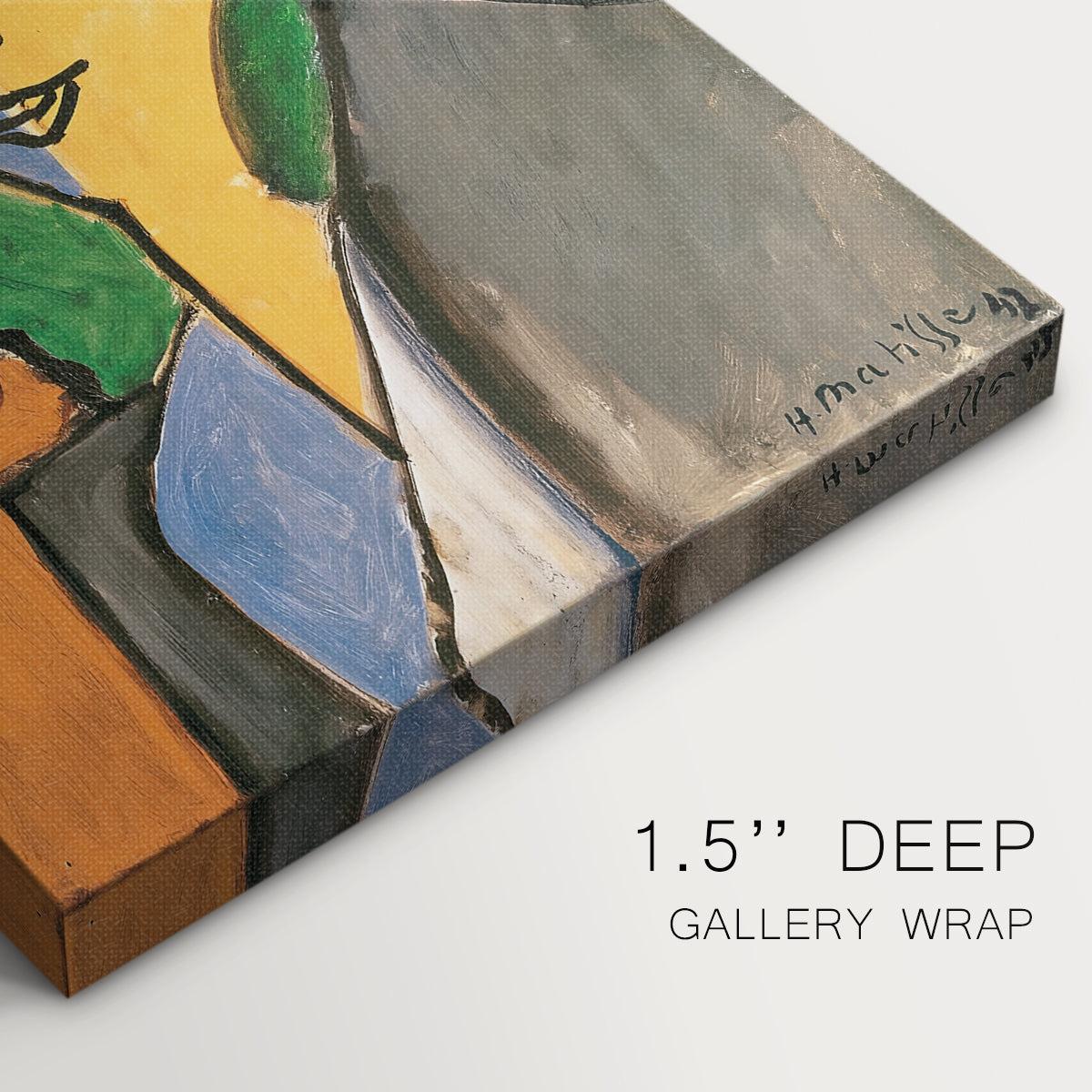 Close-up of a gallery-wrapped canvas corner showing a contemporary portrait with expressive color, highlighting texture and print detail.
