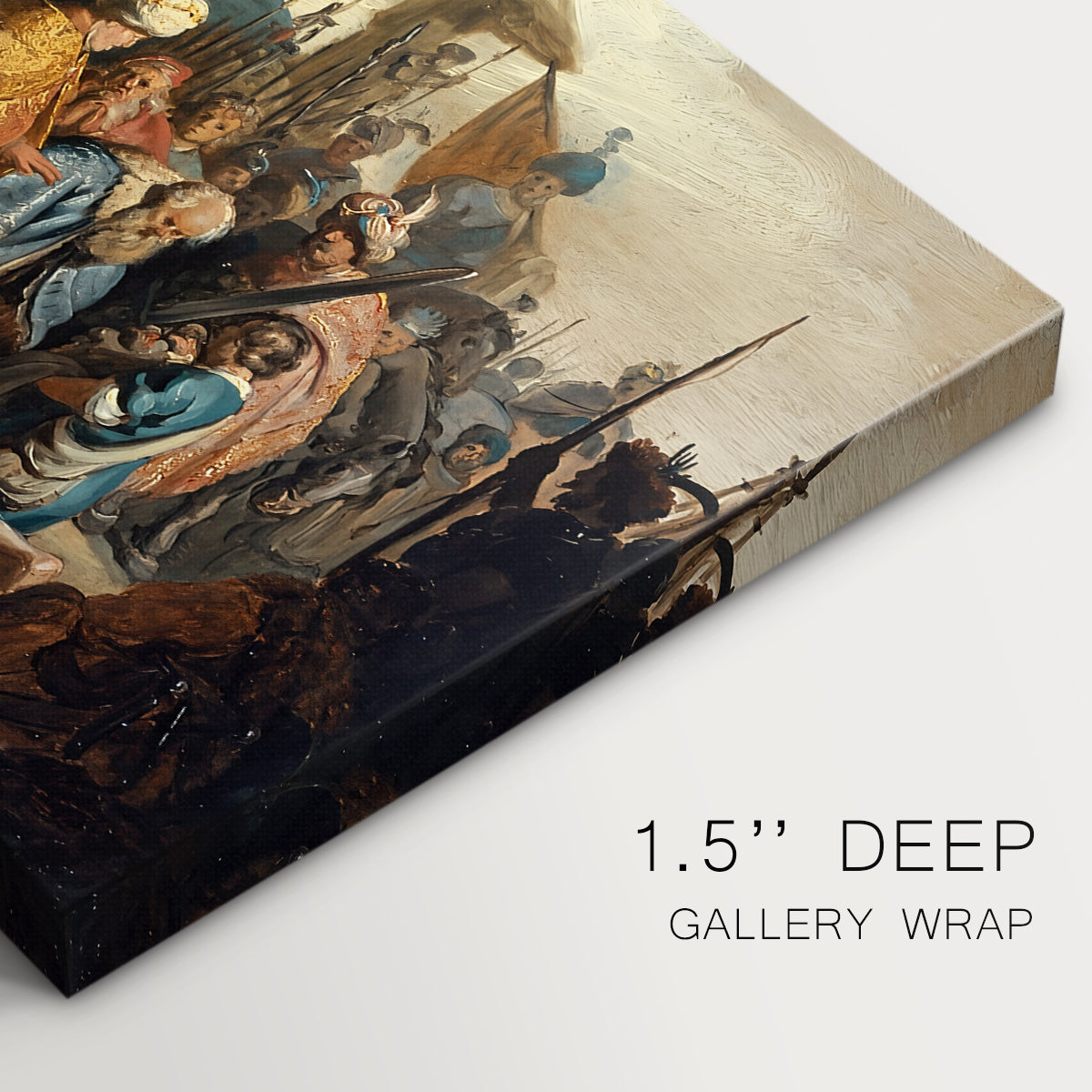 Canvas art print of a biblical scene with David holding Goliath's head, highlighting texture and gallery-wrapped edges