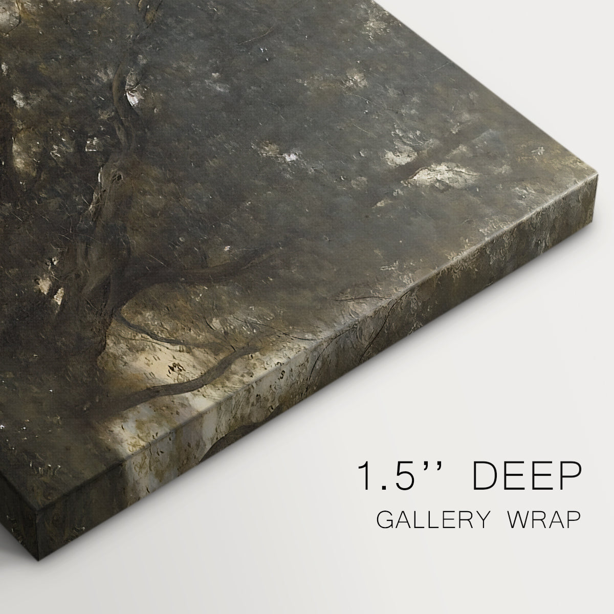 Canvas art print of figures dancing beneath trees beside calm lakeside setting, highlighting texture and gallery-wrapped edges