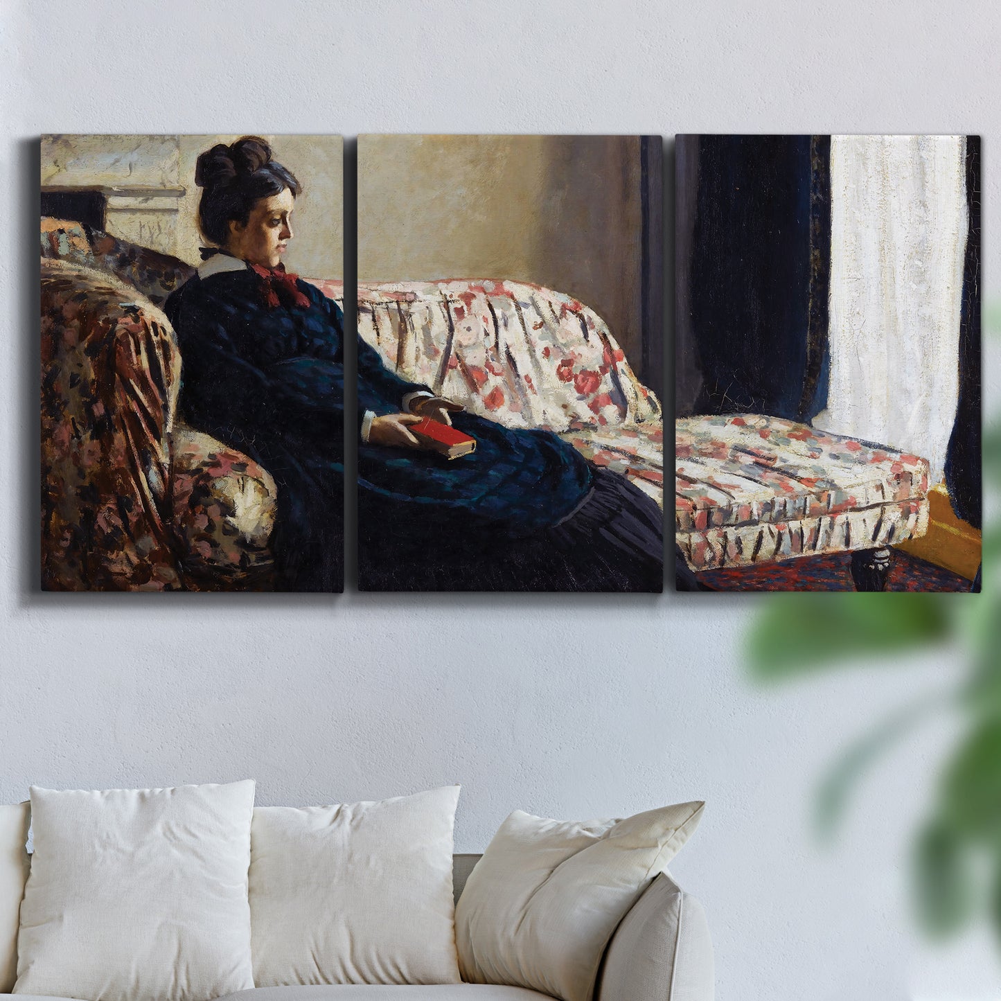 Three-panel canvas wall art featuring woman resting on sofa indoors, displayed in a living room above a sofa.