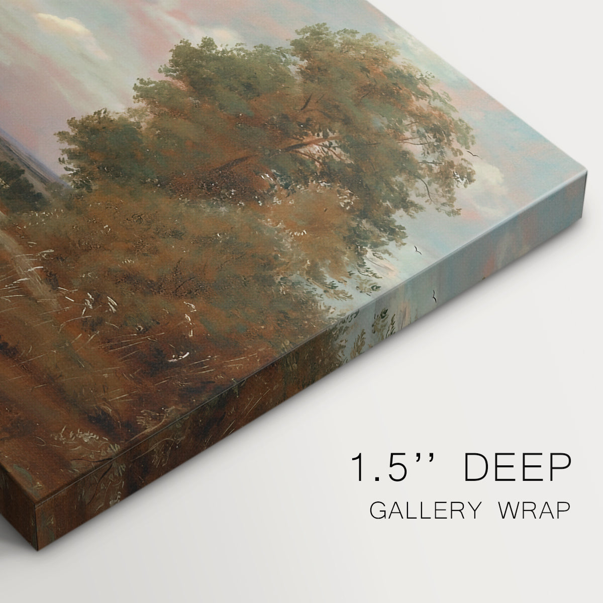 Canvas art print of a wide landscape with distant buildings across terrain, highlighting texture and gallery-wrapped edges