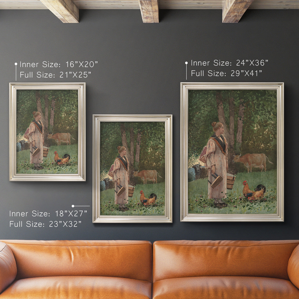 Realist genre scene of a milkmaid by Winslow Homer in an ornate champagne frame shown in multiple vertical size options.