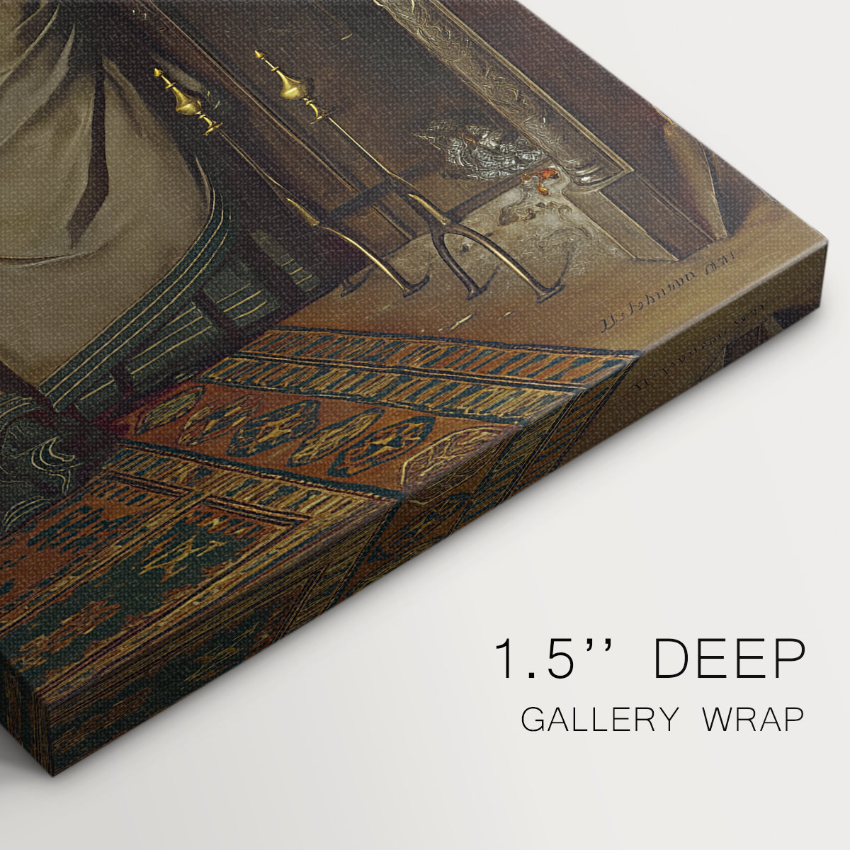 Close-up of a gallery-wrapped canvas corner showing a dignified portrait with subtle tones and smooth finish, highlighting texture and print detail.