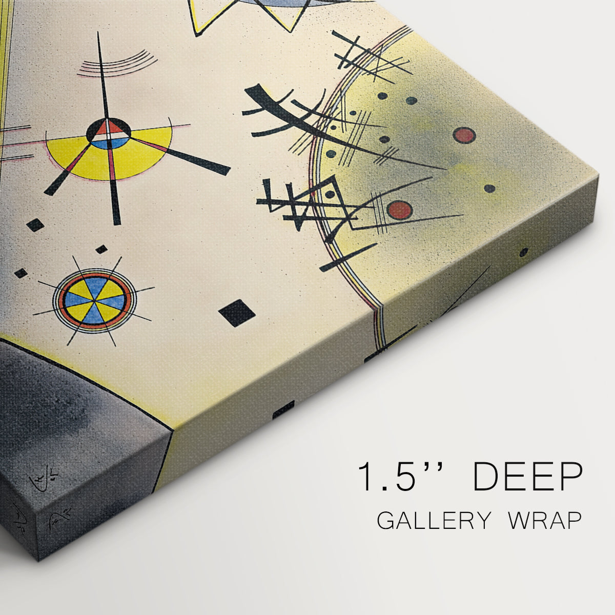 Close-up of a gallery-wrapped canvas corner showing a geometric abstract with clear structure and color, highlighting texture and print detail.