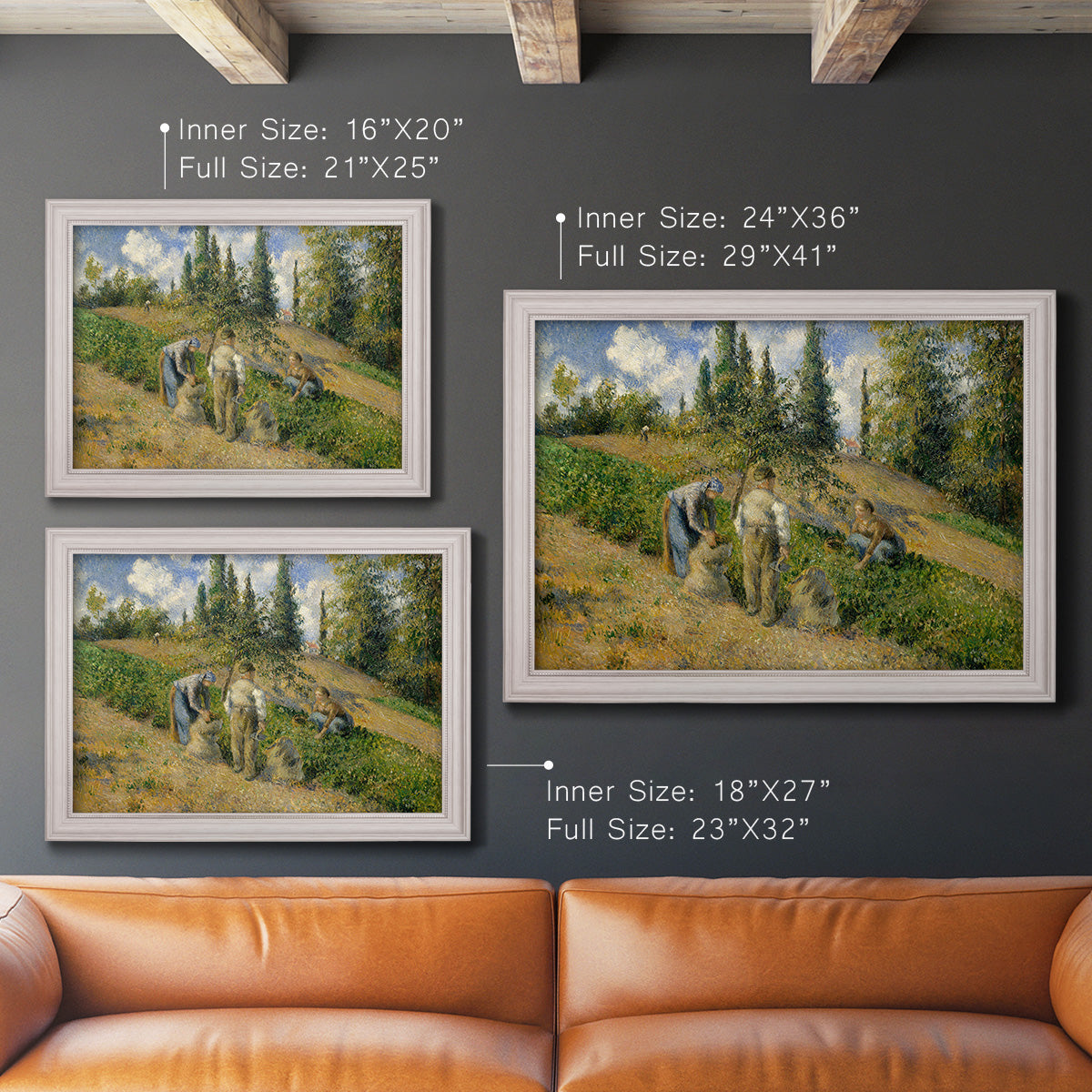 Impressionist countryside harvest scene by Camille Pissarro in an ornate weathered white frame shown in multiple size options.