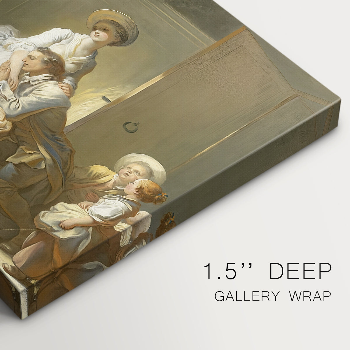 Canvas art print of a domestic interior with figures gathered around child in cradle, highlighting texture and gallery-wrapped edges