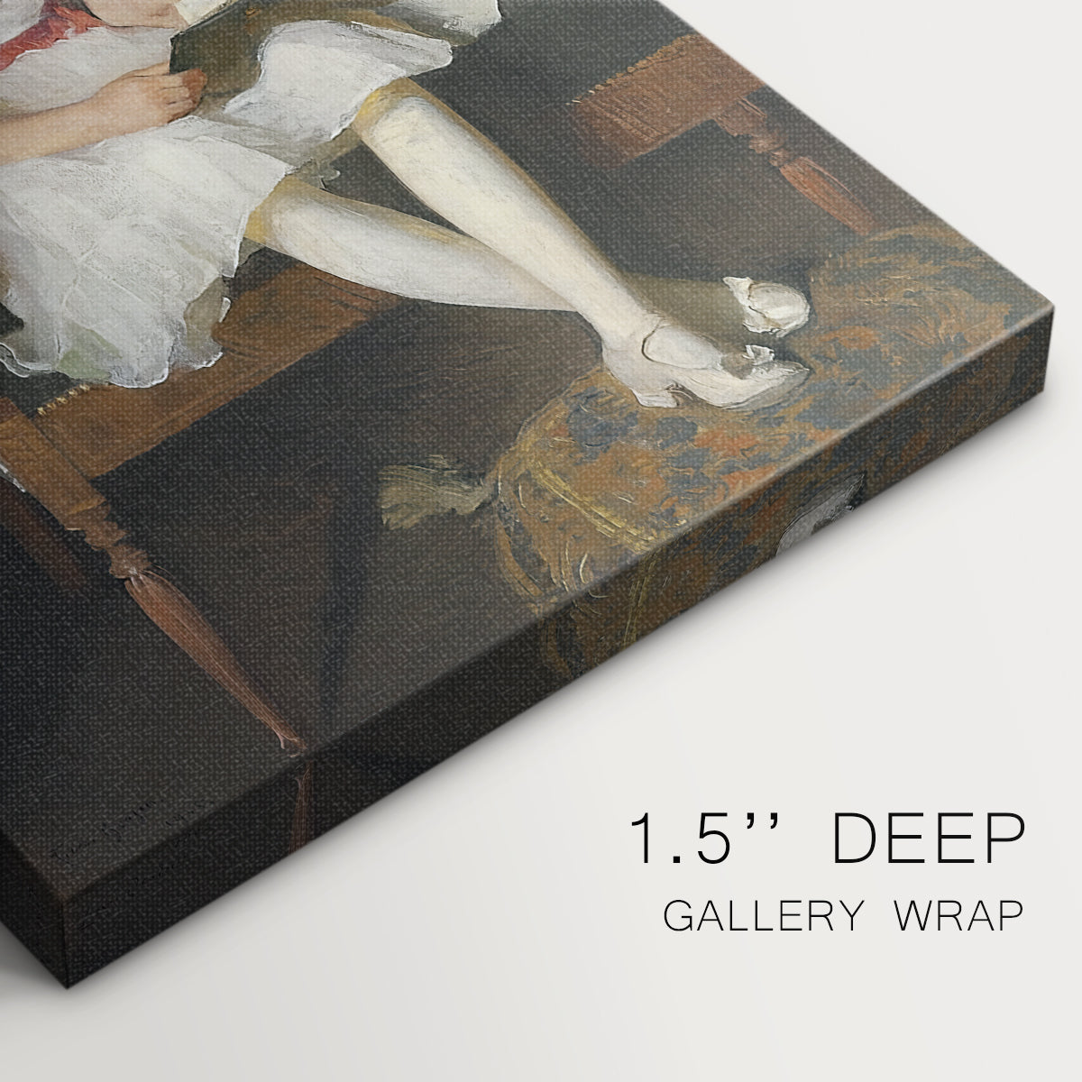 Close-up of a gallery-wrapped canvas corner showing a quiet image with balanced color and light, highlighting texture and print detail.