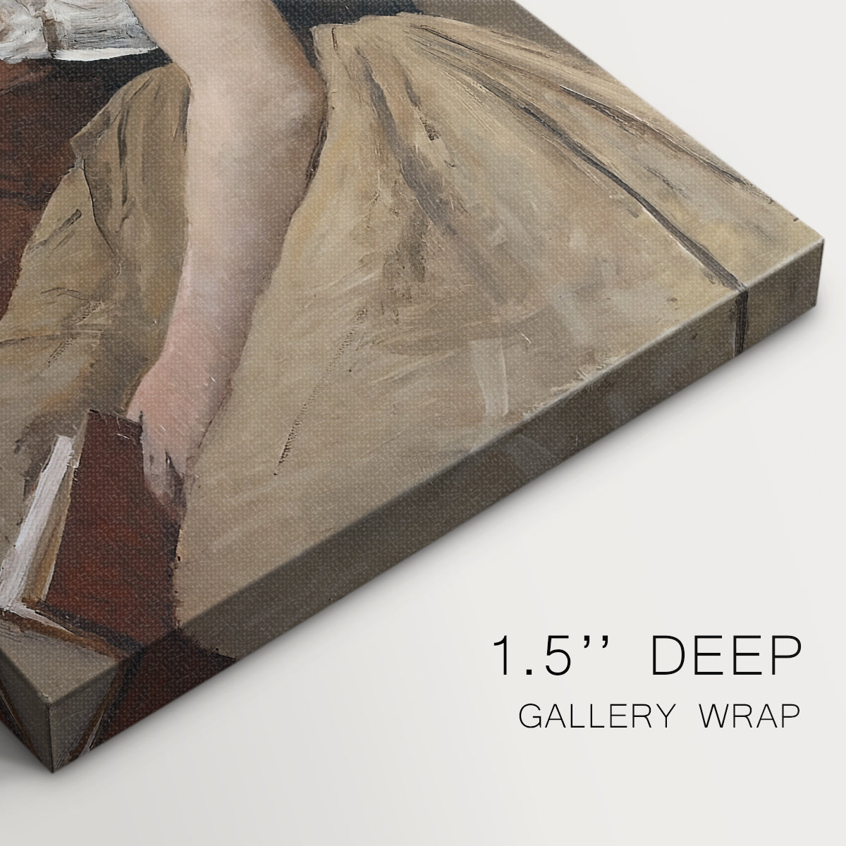 Close-up of a gallery-wrapped canvas corner showing a soft portrait with minimal detail and focus on figure, highlighting texture and print detail.
