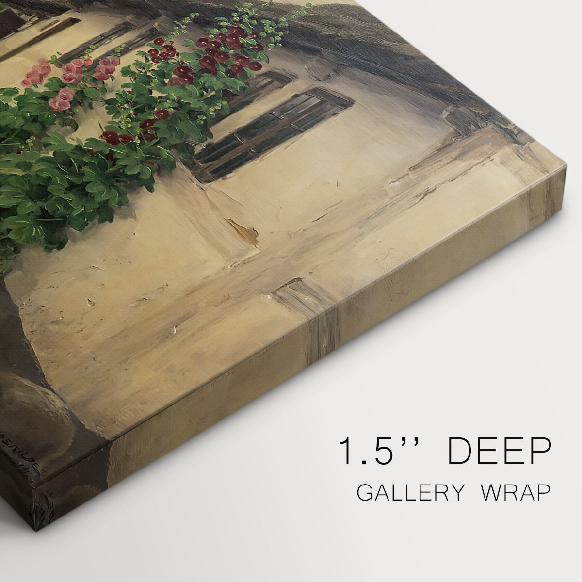 Canvas art print of figures gathered outside farmhouse greeting one another in village setting, highlighting texture and gallery-wrapped edges