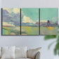 Three-panel canvas wall art featuring road stretching through open countryside, displayed in a living room above a sofa.