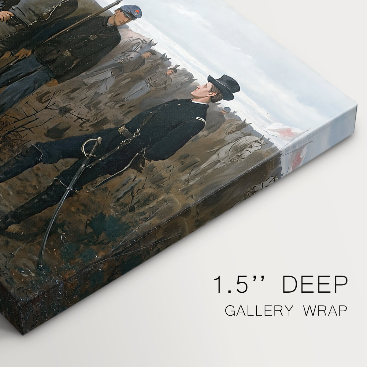 Canvas art print of a group of soldiers standing together in outdoor setting with guarded figures, highlighting texture and gallery-wrapped edges