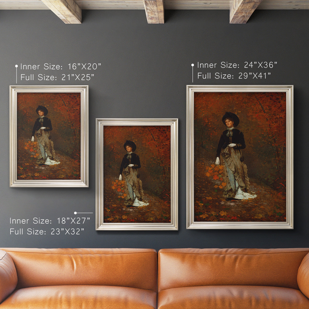 Realist autumn portrait scene by Winslow Homer in an ornate champagne frame shown in multiple vertical size options.