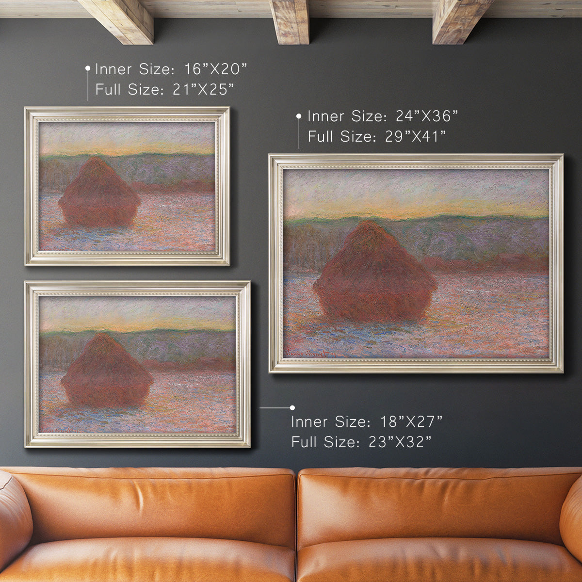 Impressionist haystack sunset scene in winter by Claude Monet in an ornate champagne frame shown in multiple size options.