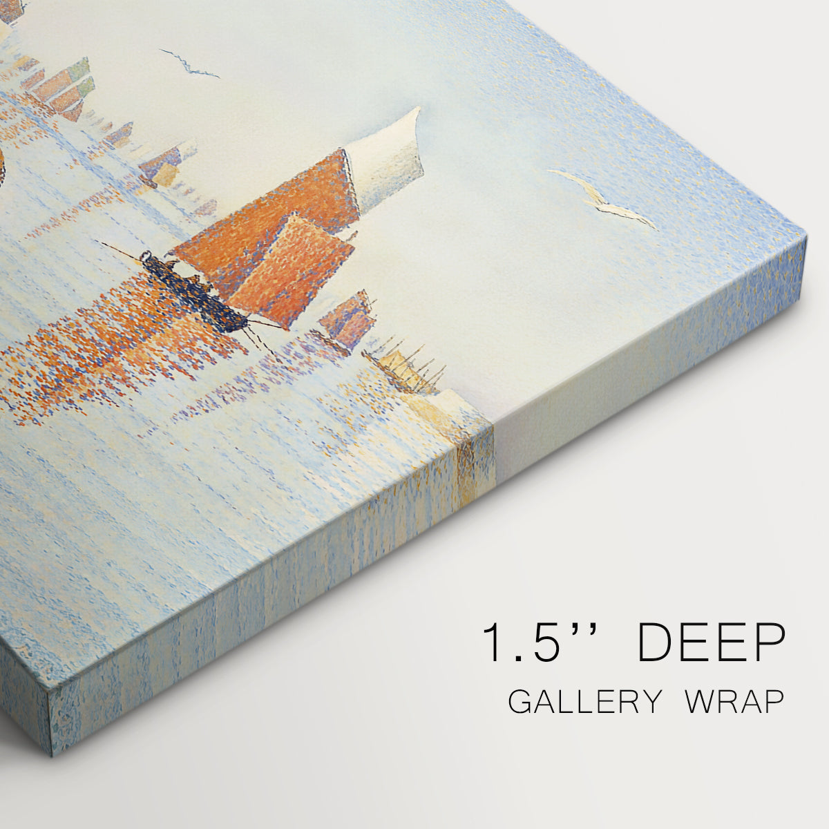 Canvas art print of a calm harbor with boats in morning light, highlighting texture and gallery-wrapped edges
