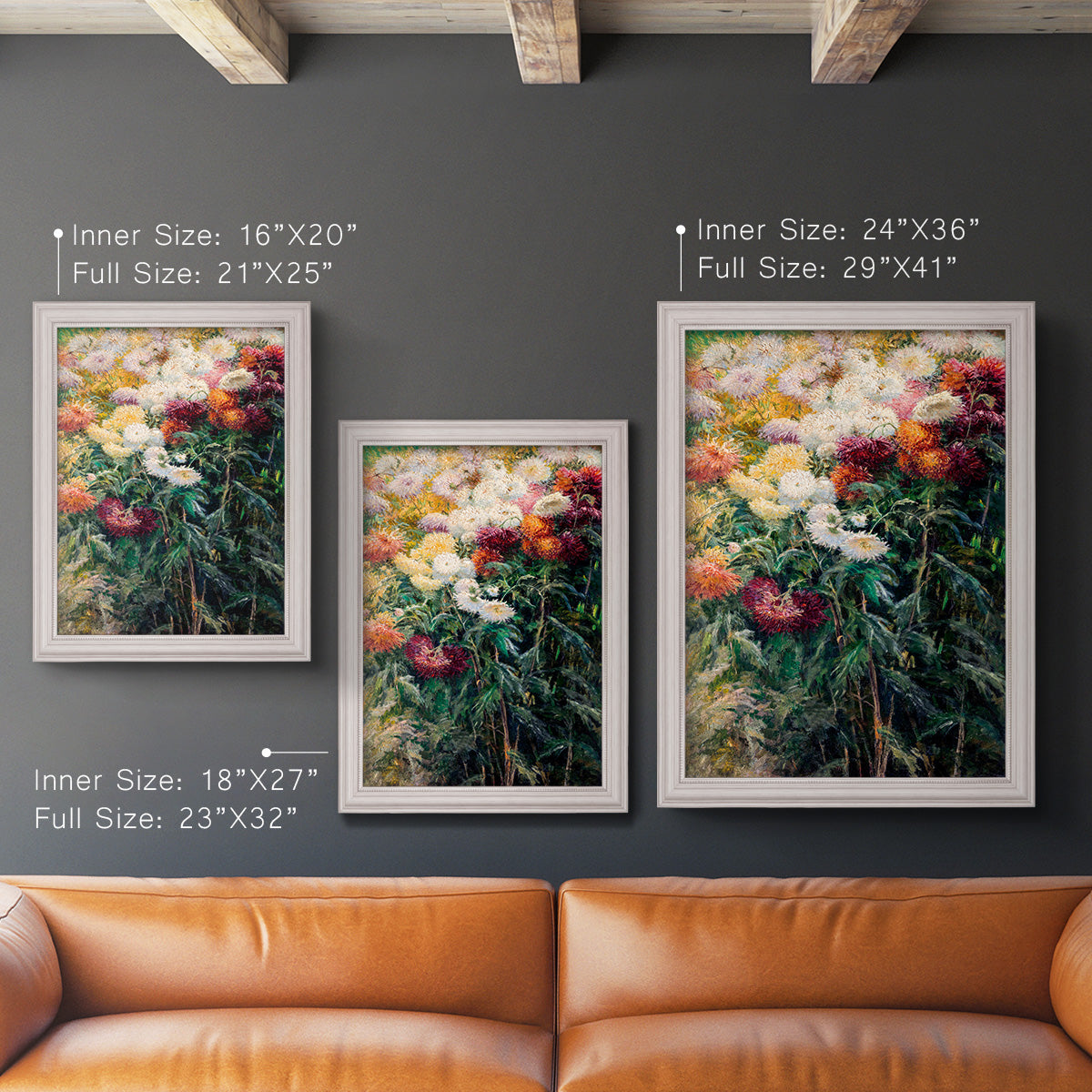 Impressionist garden floral painting by Gustave Caillebotte in an ornate weathered white frame shown in multiple vertical size options.