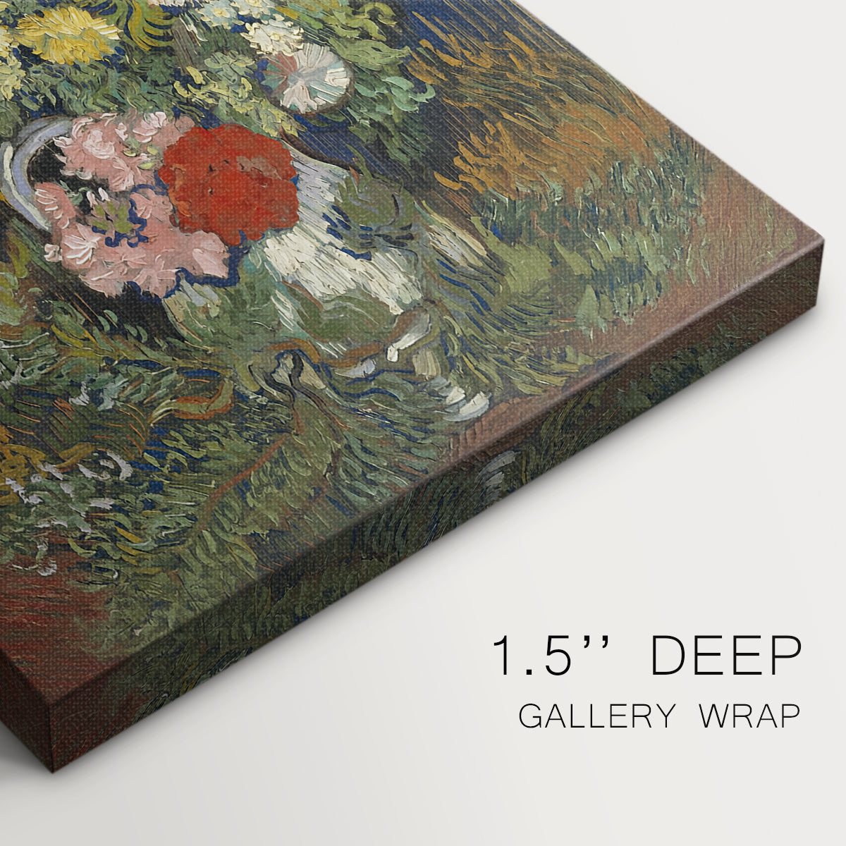 Close-up of a gallery-wrapped canvas corner showing a dynamic still life with layered color and detail, highlighting texture and print detail.