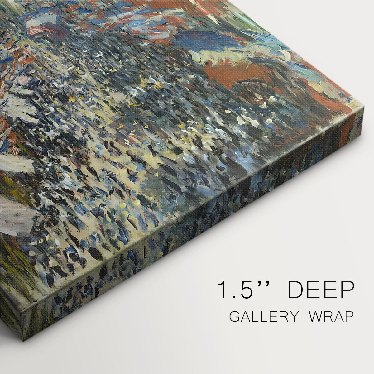 Close-up of a gallery-wrapped canvas corner showing a celebratory crowd scene with bright tones and energy, highlighting texture and print detail.