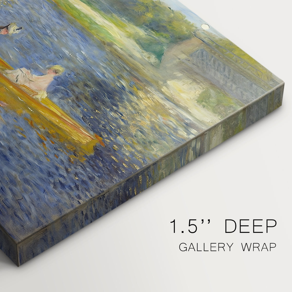 Canvas art print of two figures seated in a small boat drifting across calm water, highlighting texture and gallery-wrapped edges