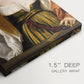 Close-up of a gallery-wrapped canvas corner showing a classic image with elegant pose and texture, highlighting texture and print detail.