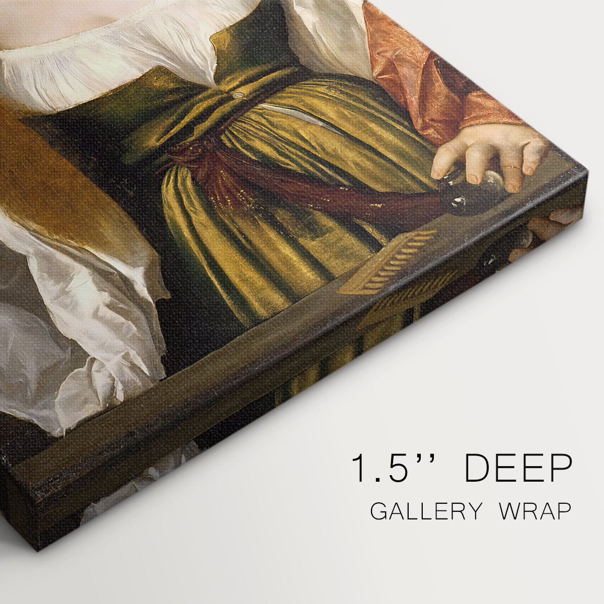 Close-up of a gallery-wrapped canvas corner showing a classic image with elegant pose and texture, highlighting texture and print detail.
