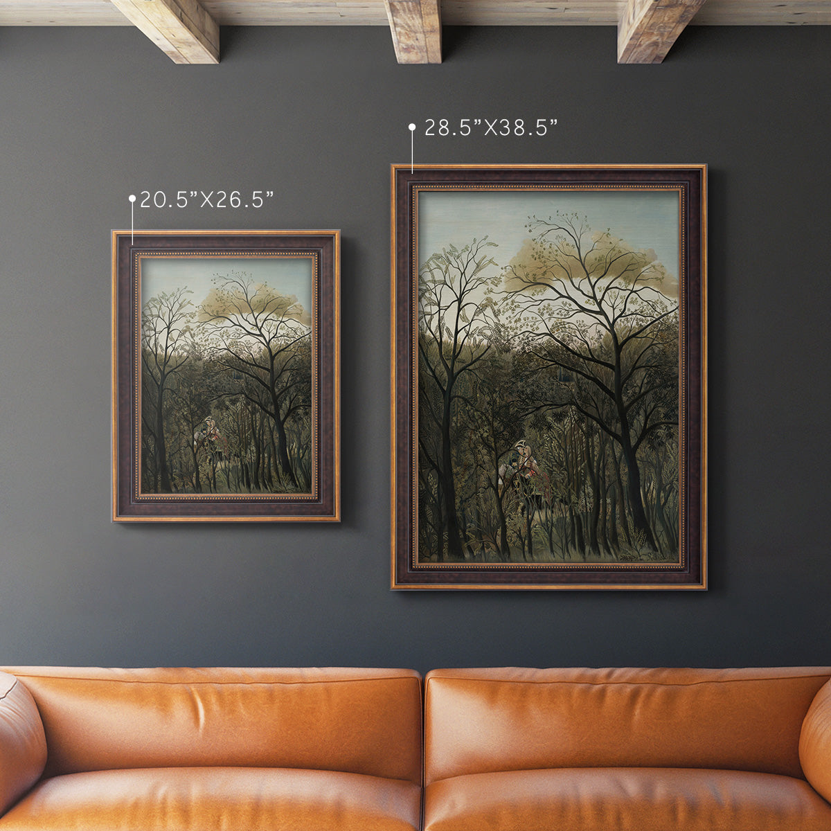Dreamlike forest landscape scene by Henri Rousseau in an ornate bronzed mahogany wood frame shown in multiple vertical size options.