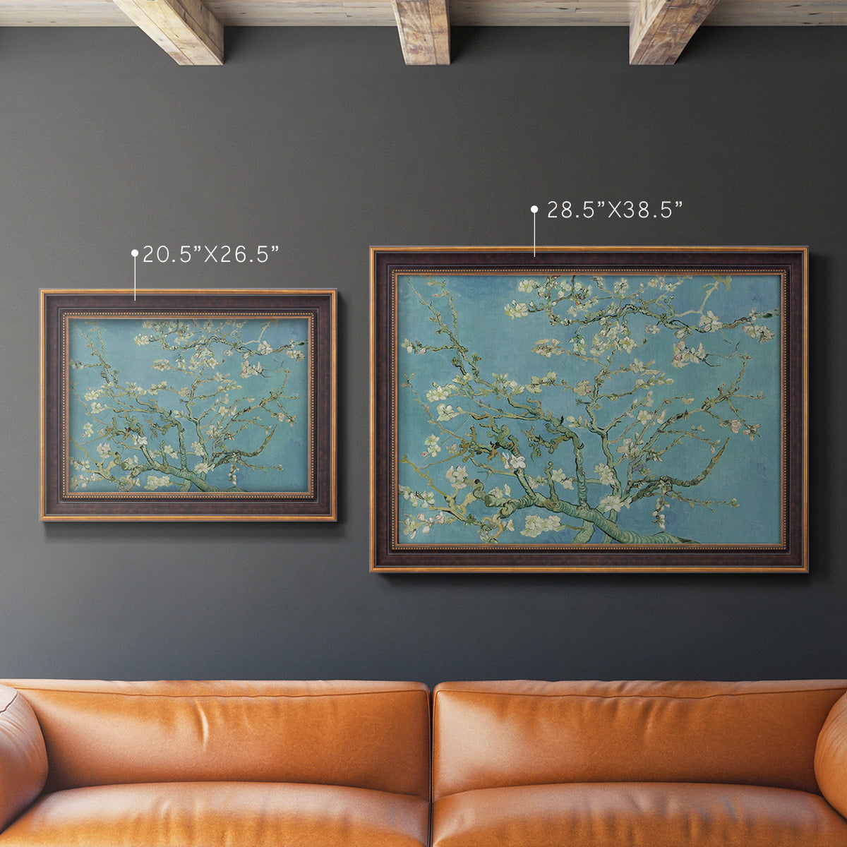Impressionist flowering almond branch painting by Vincent van Gogh in an ornate bronzed mahogany wood frame shown in multiple size options.