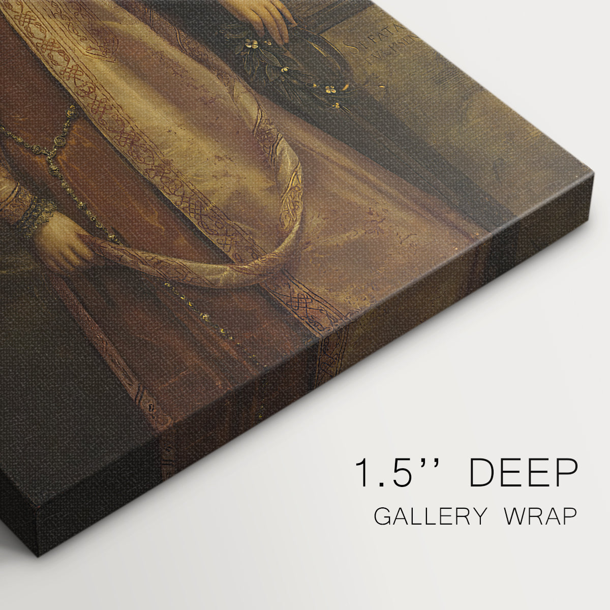Close-up of a gallery-wrapped canvas corner showing a classic image with balanced color and depth, highlighting texture and print detail.