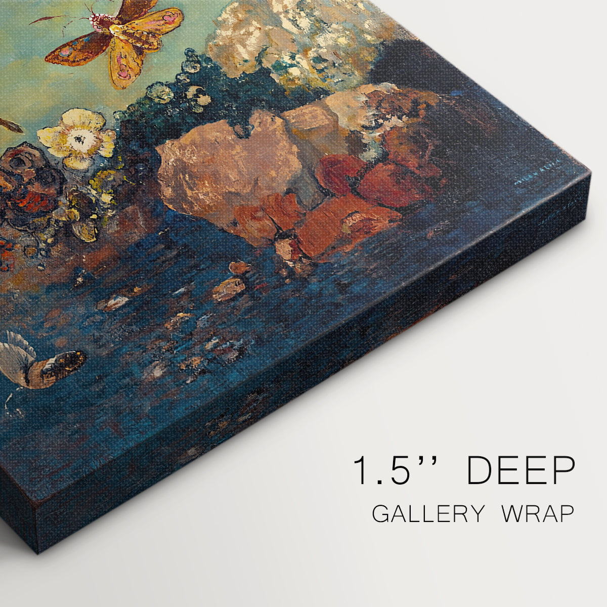 Close-up of a gallery-wrapped canvas corner showing a delicate scene with movement and minimal detail, highlighting texture and print detail.
