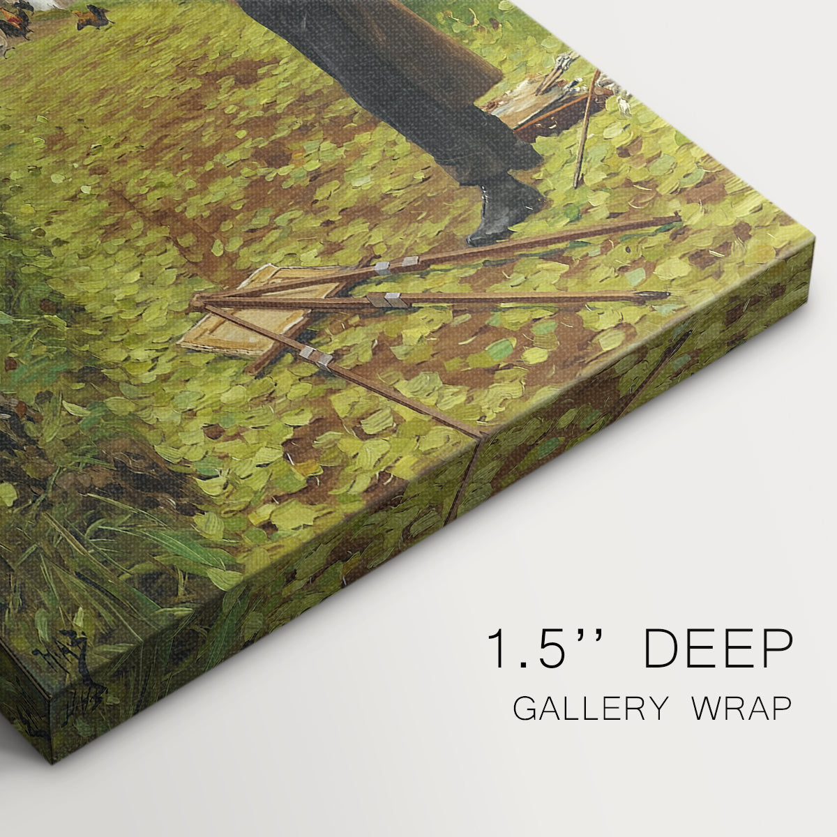 Close-up of a gallery-wrapped canvas corner showing a quiet outdoor composition with muted tones, highlighting texture and print detail.
