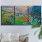 Three-panel canvas wall art featuring embracing landscape with warm tones, displayed in a living room above a sofa.