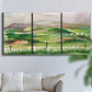 Three-panel canvas wall art featuring rainy landscape with soft atmosphere, displayed in a living room above a sofa.