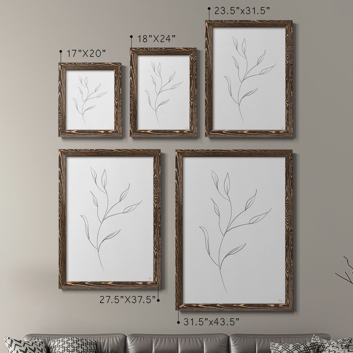 Size comparison chart for a set of two walnut barnwood framed canvas prints.