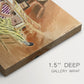 Close-up of a gallery-wrapped canvas corner showing a vivid interior with layered pattern and soft forms, highlighting texture and print detail.
