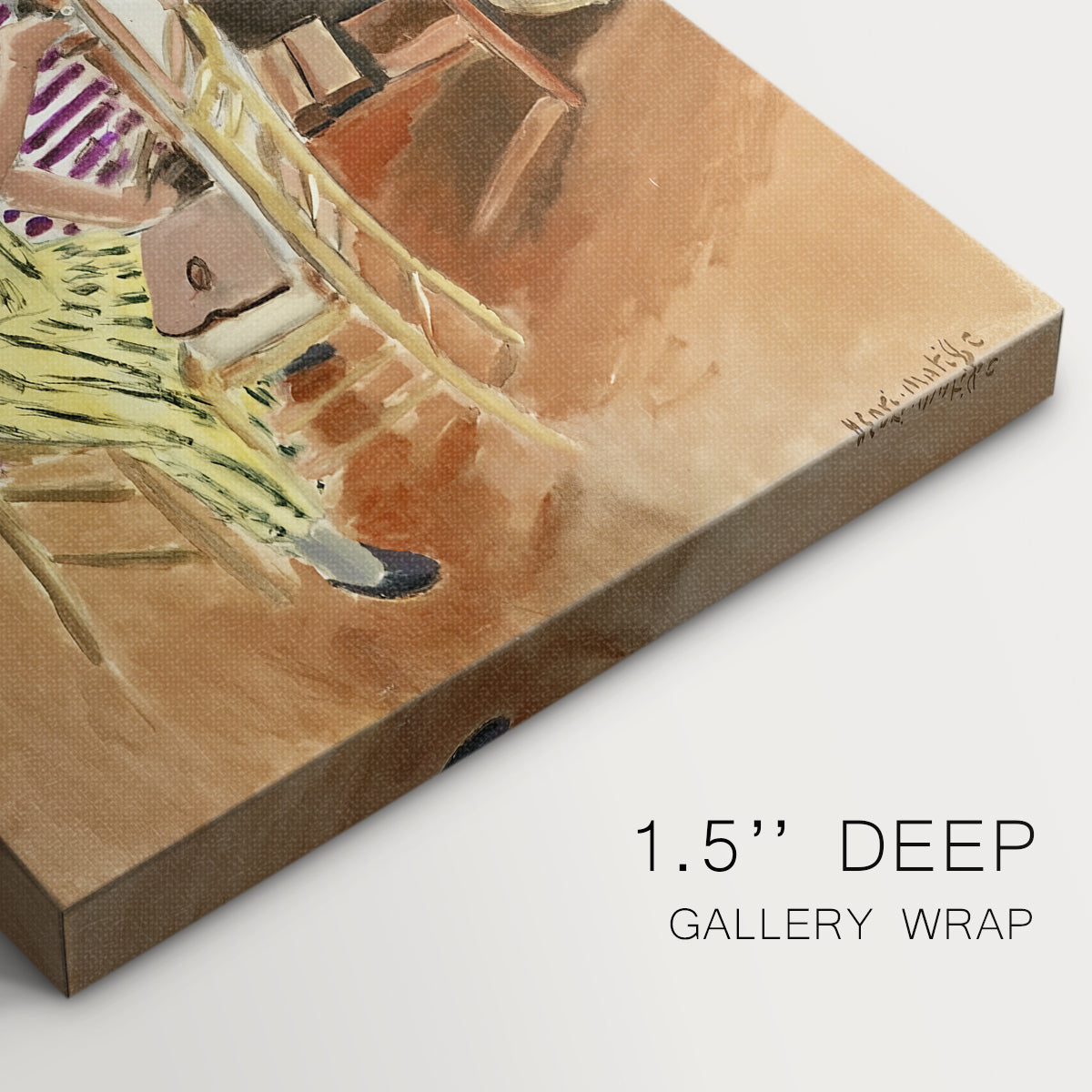 Close-up of a gallery-wrapped canvas corner showing a vivid interior with layered pattern and soft forms, highlighting texture and print detail.
