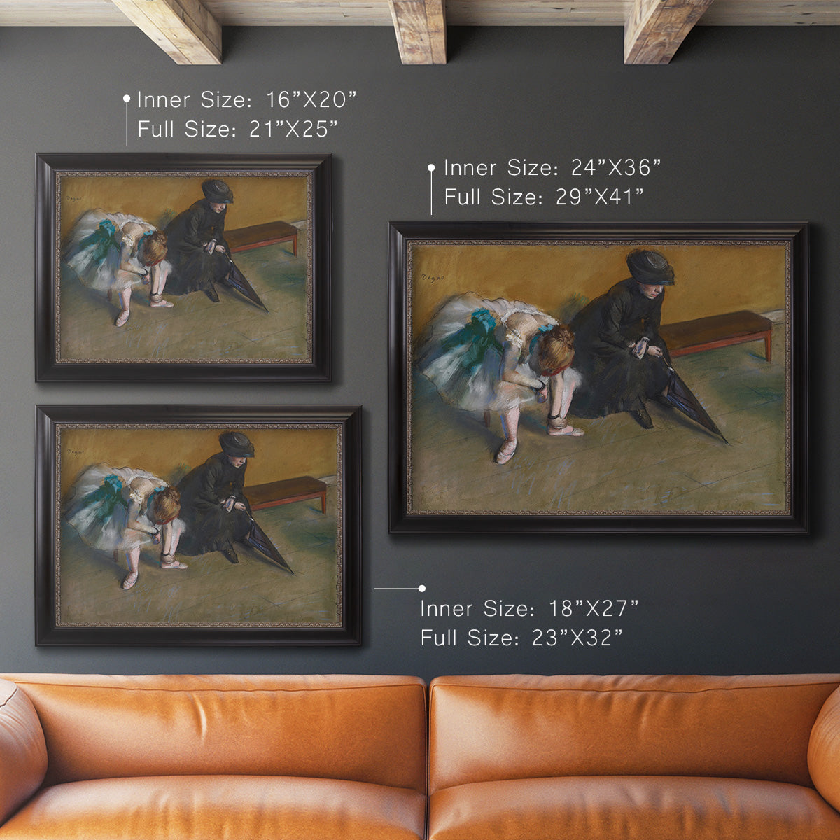 Impressionist portrait of a seated woman by Edgar Degas in an ornate black frame with gilded inner detail shown in multiple size options.