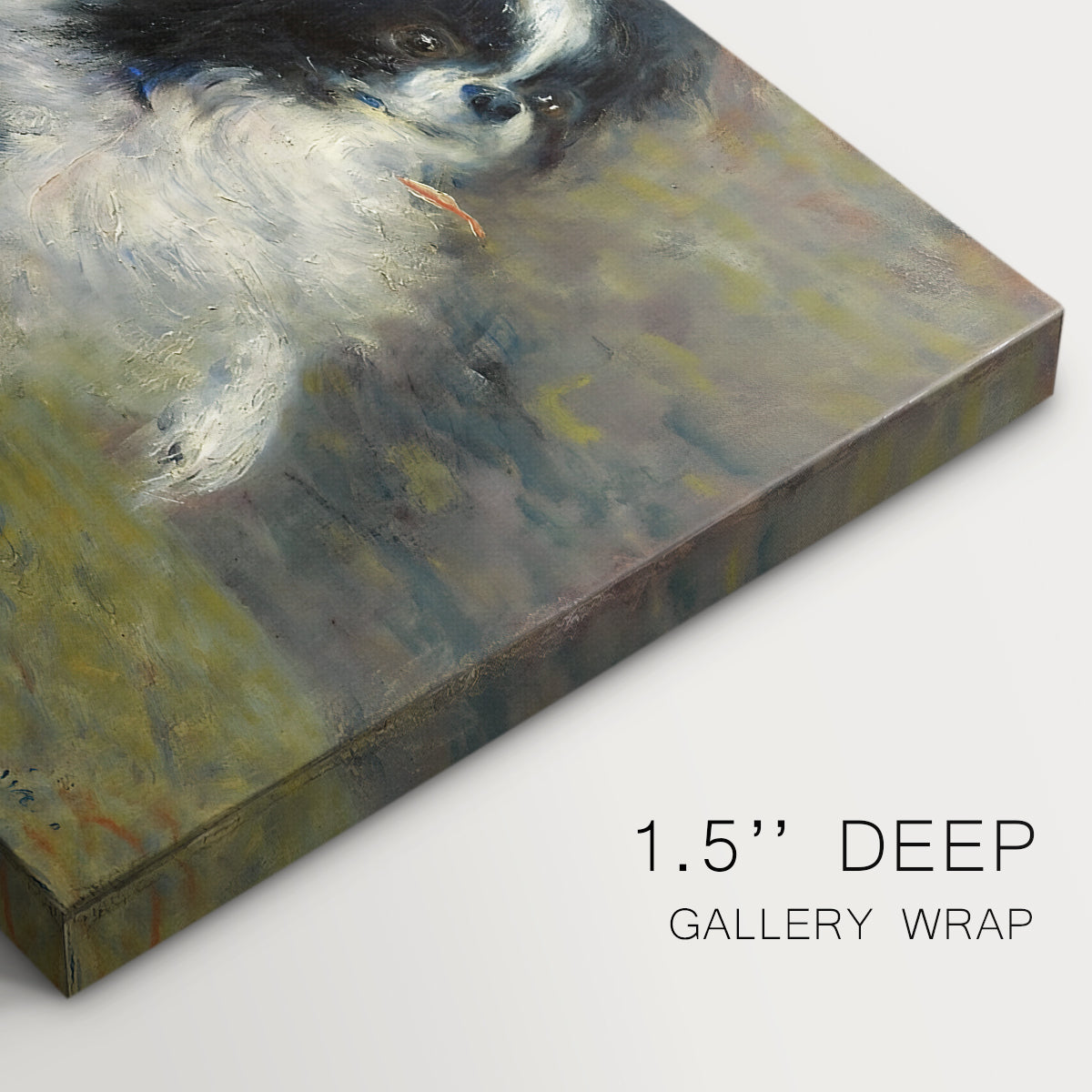 Canvas art print of a small black and white dog standing in shallow water with soft brushstrokes, highlighting texture and gallery-wrapped edges